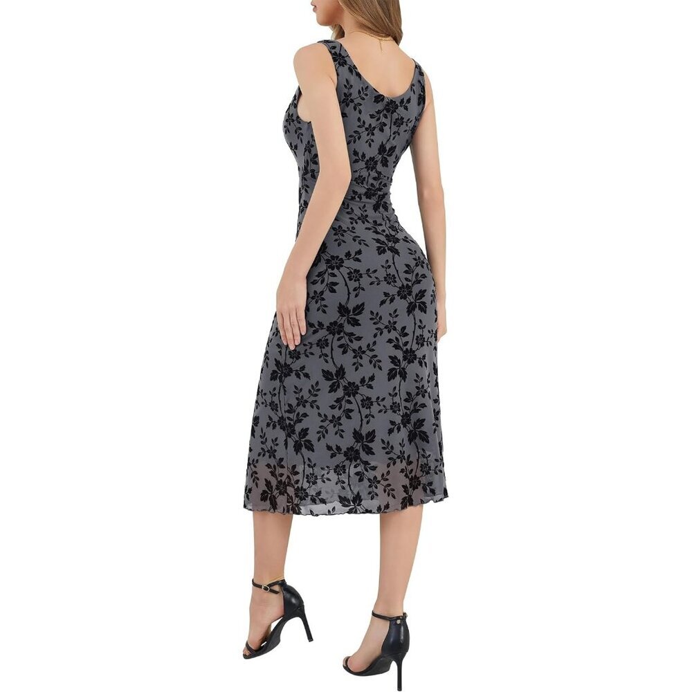 Women's Grey V Neck Sleeveless Mesh Maxi Dress Casual Elegant Long Floral - Picture 2 of 5